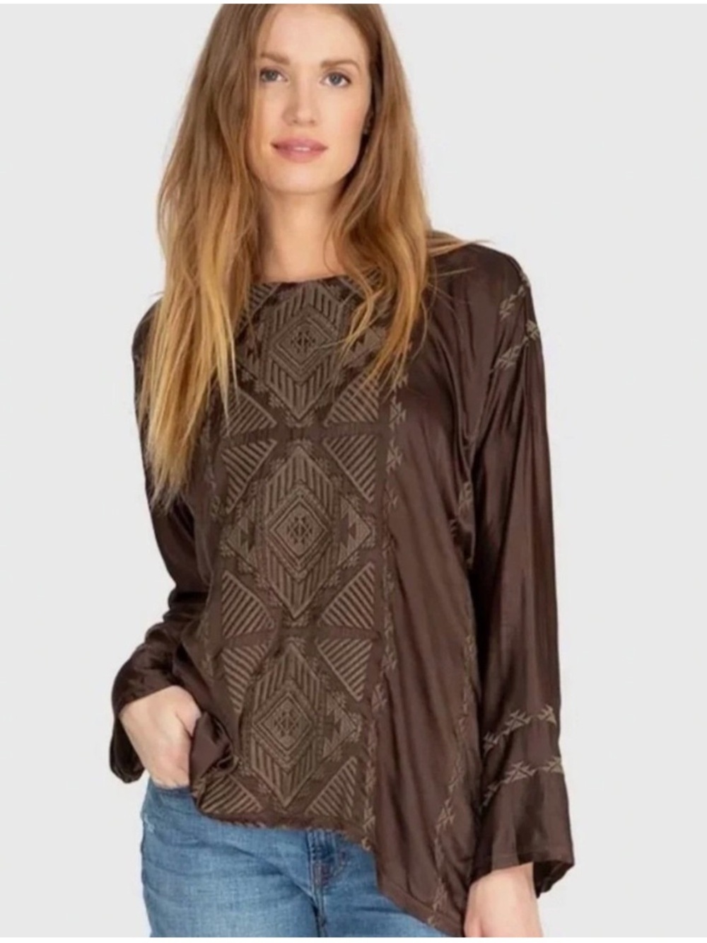 Johnny Was Ravenna Satin Tonal Geometric Embroidered Brown Blouse Top Large